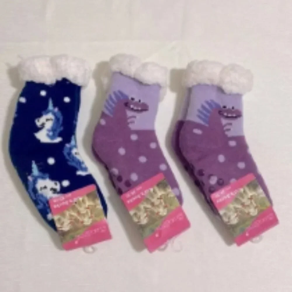 Lot of 3 Pairs--SHENGYUZI Girl's Non-Slip Warm Socks w Sherpa Interior
